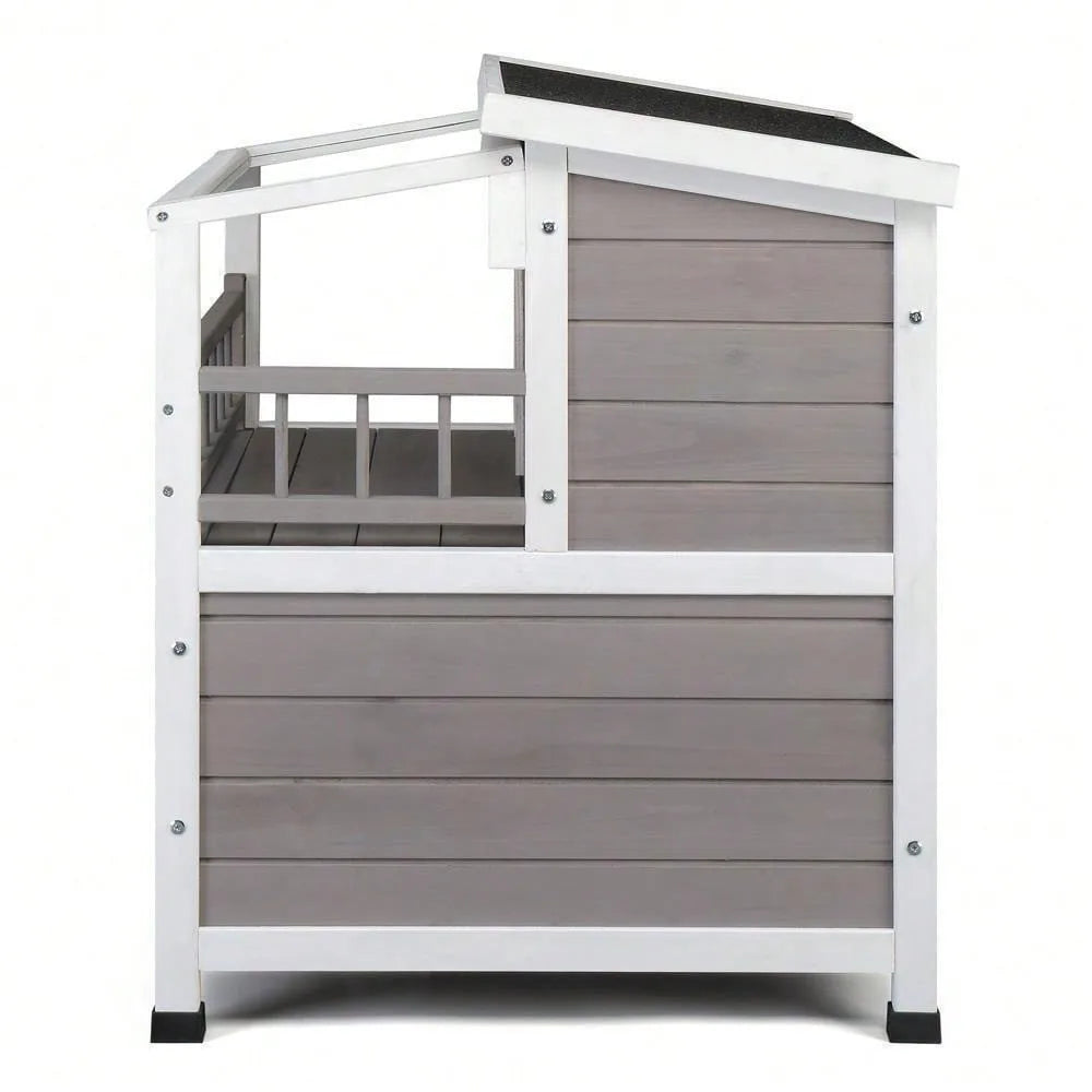 Outdoor Wood 2-Floor Cat Condo Pet House Kitty Shelter With Stairs Balcony