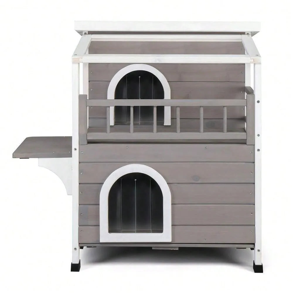 Outdoor Wood 2-Floor Cat Condo Pet House Kitty Shelter With Stairs Balcony