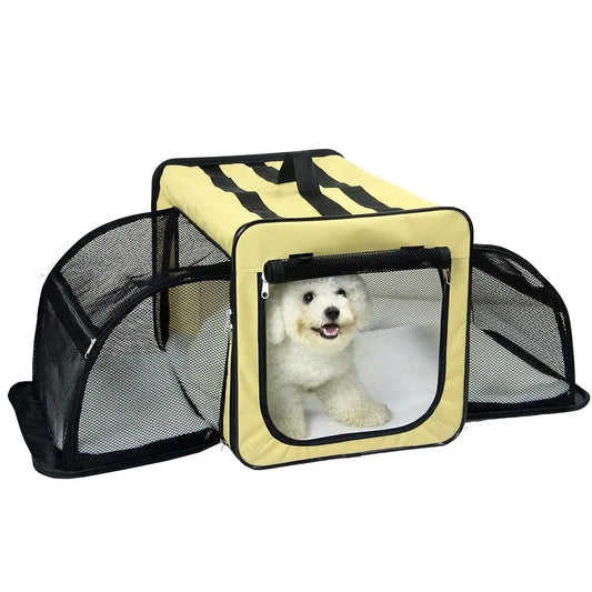 'Capacious' Dual-Sided Expandable Spacious Wire Folding Collapsible Lightweight Pet Dog Crate Carrier House, X-Large, Khaki