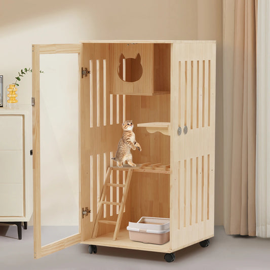Wooden Cat House, Spacious Pine Shelter with LED Light, Clear Door & Wheels, Ideal for Home, Cat Cafes, Pet Stores, Easy Install